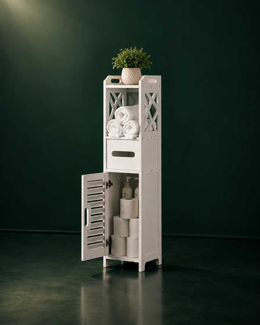 The Slim Bath Tower with rolled towels on its open shelves and toilet paper stored behind its open lower door