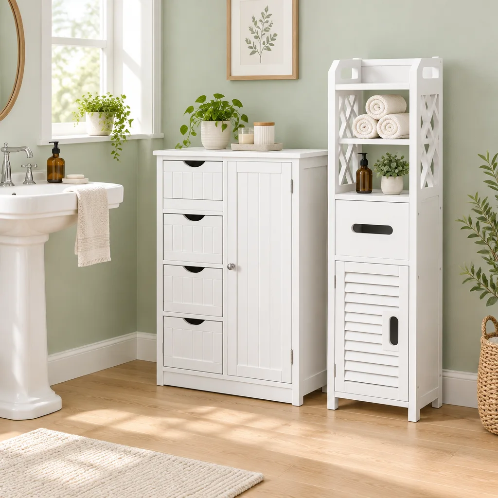 White four-drawer bathroom cabinet and narrow white bath tower side by side