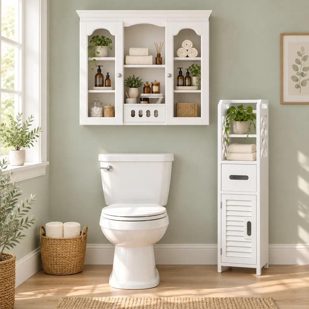 White arched wall cabinet mounted above a toilet with a narrow white bath tower beside it
