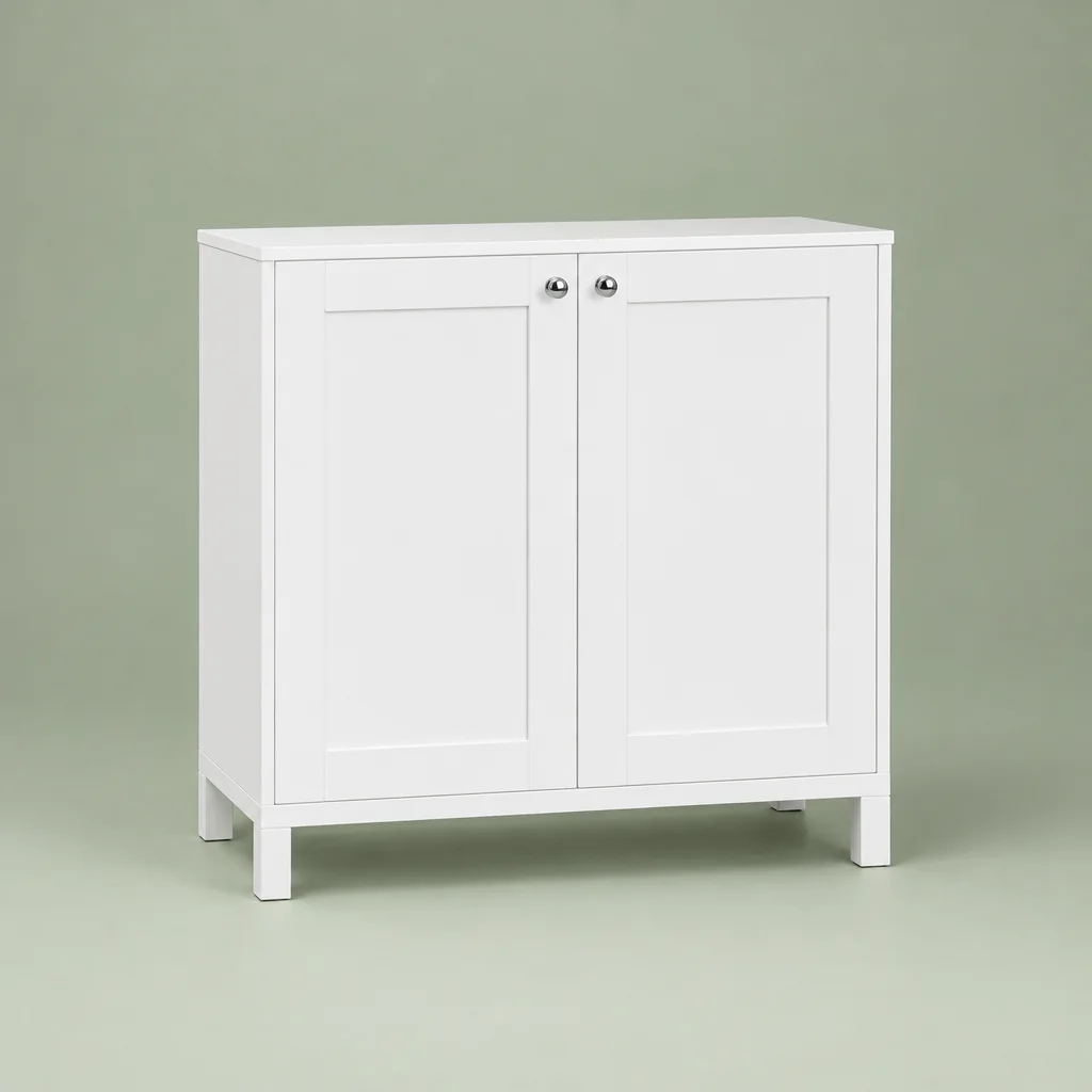 White two-door bathroom floor cabinet with shaker panel doors