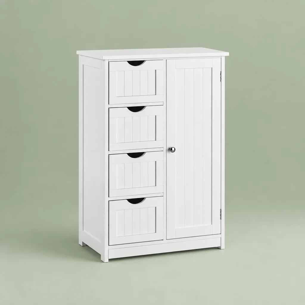 White bathroom floor cabinet with four drawers on the left and a tall beadboard door on the right