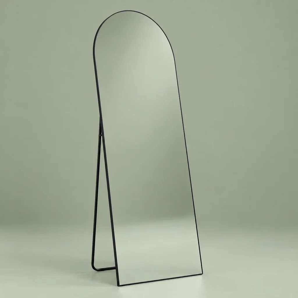 Tall arched full-length mirror with a thin black aluminum frame on a fold-out stand