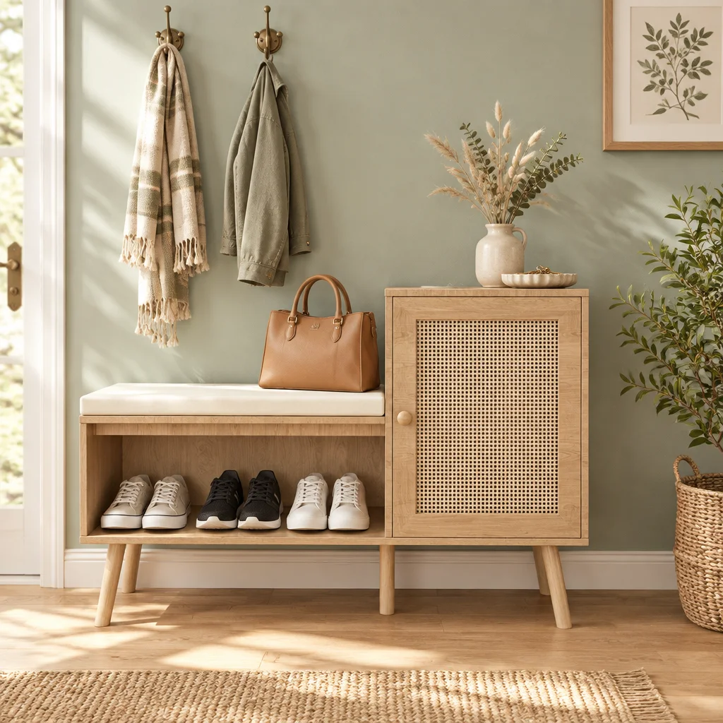 The rattan entry bench at home