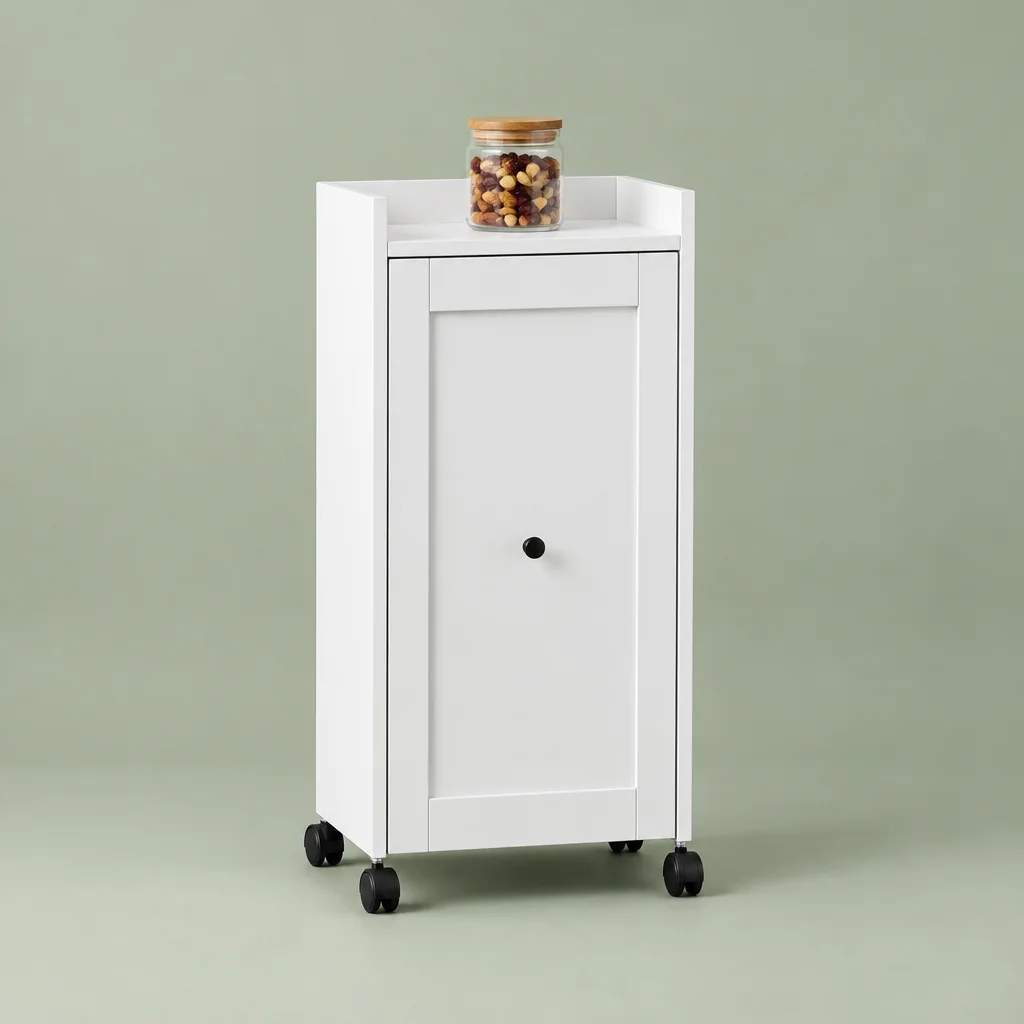 Small white rolling cabinet on casters with a shaker-style door