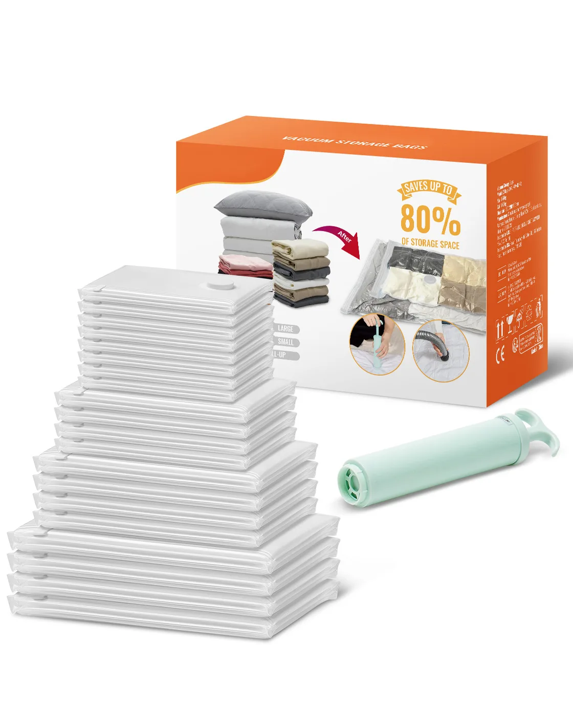 Stack of clear vacuum storage bags in assorted sizes with a mint hand pump and the retail box